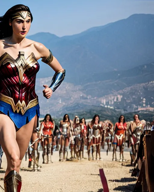 Image similar to gal gadot as wonder woman, at the 2 0 0 - meter starting line, ancient greek olympic trials, mount olympus can be seen off in the distance, sports photography in the style of neil leifer, no dof