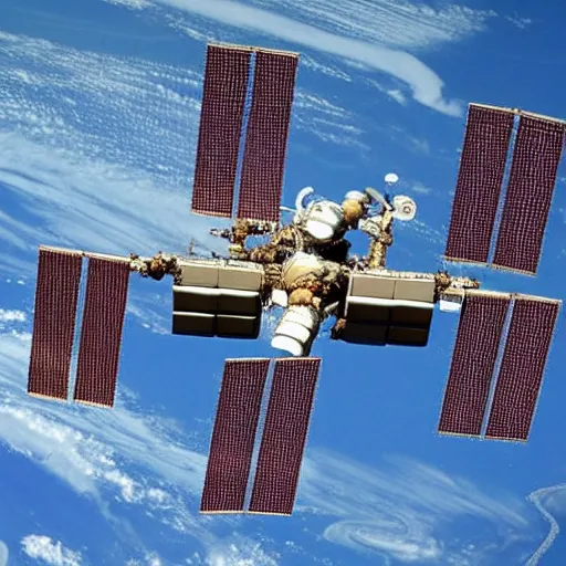 Image similar to A beautiful land art of a spacecraft or space station in Earth's orbit. The space station has a large, central cylindrical section with several smaller attached modules. There are numerous antennae, dishes, and other communications equipment on the station, as well as a few large windows. There appear to be several people inside the station, working at various consoles and terminals. pearlescent by Ernst Ludwig Kirchner soft