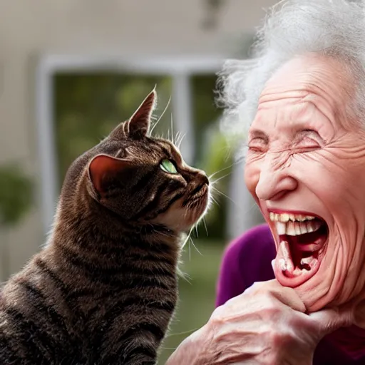 Image similar to an old woman opening her mouth extremely wide and a cat jumping into it