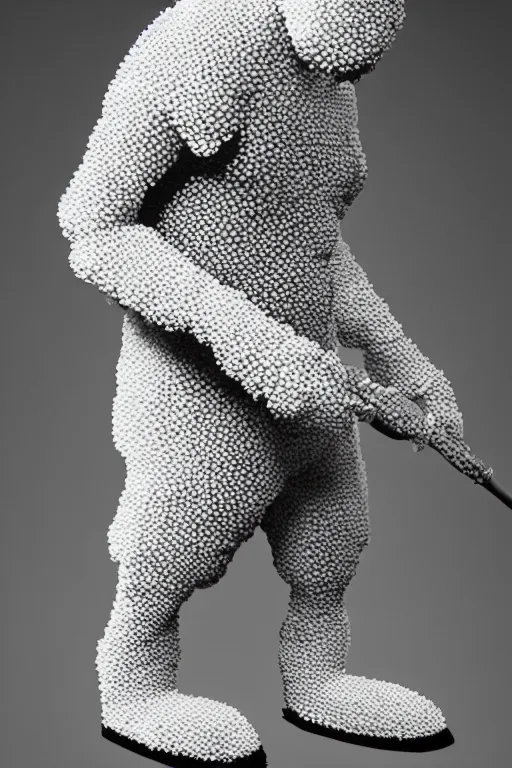 Prompt: a scene depicting a character wearing a diy suit made from foam, pointillism, super detailed, soft light