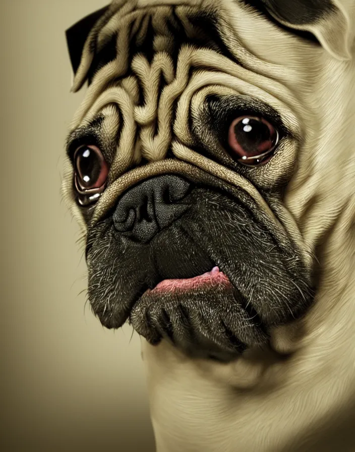 Image similar to a pug and with a paint mask intricate artwork by artstation. octane render, cinematic, hyper realism, 8k, depth of field.