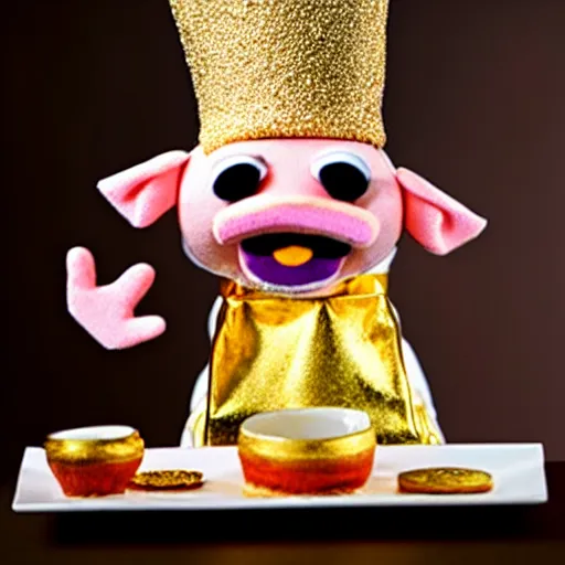 Image similar to studio photograph of a pig wearing a gold crown depicted as a muppet cooking