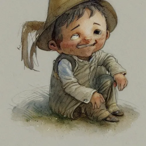 Image similar to a muted color watercolor sketch of a little person story book character ifrom the book Baltimore & Redingote by Jean-Baptiste Monge of an old man in the style of by Jean-Baptiste Monge that looks like its by Jean-Baptiste Monge and refencing Jean-Baptiste Monge