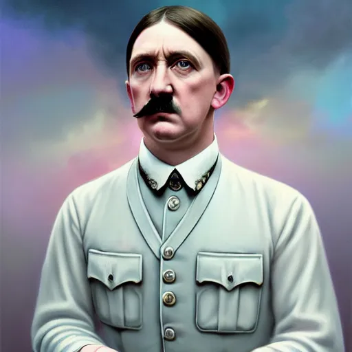 Image similar to Portrait of magical Adolf Hitler, very very very very pale white skin, dreamy and ethereal, pastel blue eyes, peaceful expression, ornate frilly regal shirt, fantasy, intricate, elegant, dynamic lighting, highly detailed, digital painting, artstation, concept art, smooth, sharp focus, illustration, art by artgerm and greg rutkowski and alphonse mucha