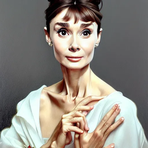 Image similar to audrey hepburn portrait, full of grace, very detailed and realistic oil painting, by artgerm and greg rutkowski and alphonse mucha