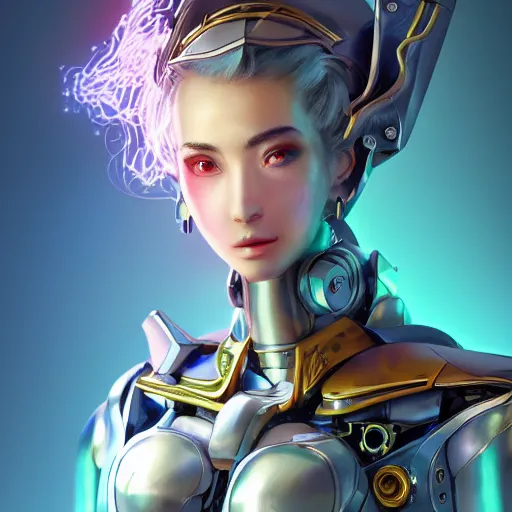 Image similar to studio portrait of lawful good colorful female holy mecha paladin absurdly beautiful, elegant, young sensual graceful woman, ultrafine hyperrealistic detailed face illustration by kim jung gi, irakli nadar, intricate linework, sharp focus, bright colors, matte, octopath traveler, final fantasy, unreal engine highly rendered, global illumination, radiant light, intricate environment