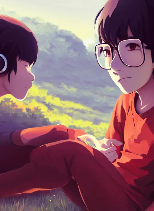 Prompt: portrait of chilled kong, sunny sky background, lush landscape, illustration concept art anime key visual trending pixiv fanbox by wlop and greg rutkowski and makoto shinkai and studio ghibli and kyoto animation, symmetrical facial features, black t shit, red headphones, ripped jeans, backlit, aerodynamic frame, gta 5