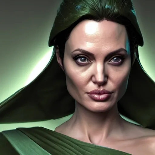 Prompt: a green angelina jolie with yoda ears greg rutkowski and jason chan highly detailed cinematic lighting octane render unreal engine