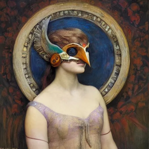 Image similar to a beautiful young clockwork girl wearing a bird mask, by annie swynnerton and diego rivera and elihu vedder, dramatic lighting, elaborate geometric ornament, head and shoulders view, soft cool colors, smooth, sharp focus, extremely detailed, adolf wolfli, donato giancola