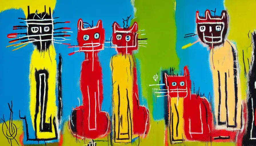 Prompt: highly detailed contemporary acrylic painting of really tall sitting cats by jean - michel basquiat, thick brush strokes and visible paint layers, dense overgrown forest background, vivid pastel color scheme