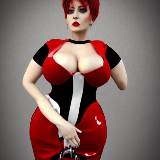 Image similar to an elegant curvy feminine pale goth cutie wearing an elaborate latex-nylon-leather striped red-black-silver-gold neck-high dress, thin waist, cgsociety, photorealistic, 16k, smooth, sharp focus, trending on ArtStation, volumetric lighting, worksafe, sublime-comforting-intriuging ambience