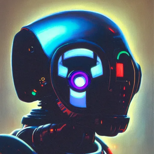 Image similar to a dark and colorful close - up side profile portrait of a sci - fi mecha robot with led lights glowing fog in the background. highly detailed science fiction painting by norman rockwell, frank frazetta, and syd mead. rich colors, high contrast, gloomy atmosphere, dark background. trending on artstation