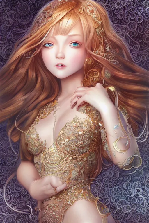 Image similar to intricate, richly detailed colored 3 d illustration of a beautiful ornated cute woman with long metallic gem hair background with completely rendered reflections, art by range murata and artgerm highly detailed, digital painting, trending on artstation