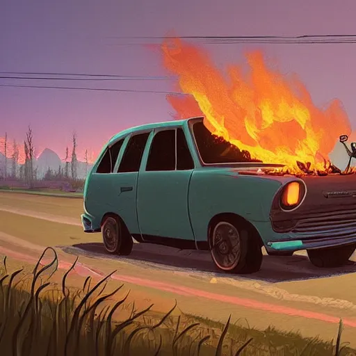 Image similar to the burnt frame of a car on fire on the side of the road in wither, by simon stalenhag