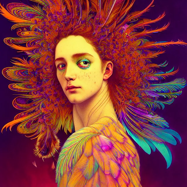 Image similar to face of young freckly psychedelic transcendent feather mind bending psychedelic wings of glossy liquid honey flowing like kaleidoscopic translucent holograph, lsd feathers, feathery fluff, enlightenment, high contrast dappled lighting, refracted sunset, highly detailed, concept art, art by collier, albert aublet, krenz cushart, artem demura, alphonse mucha