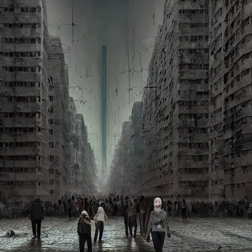 Image similar to hordes of drone-like people aimlessly walking around a depressing dystopian cityscape , trending on artststion, hyper realistic, surreal, melancholic, 8k, upscaled