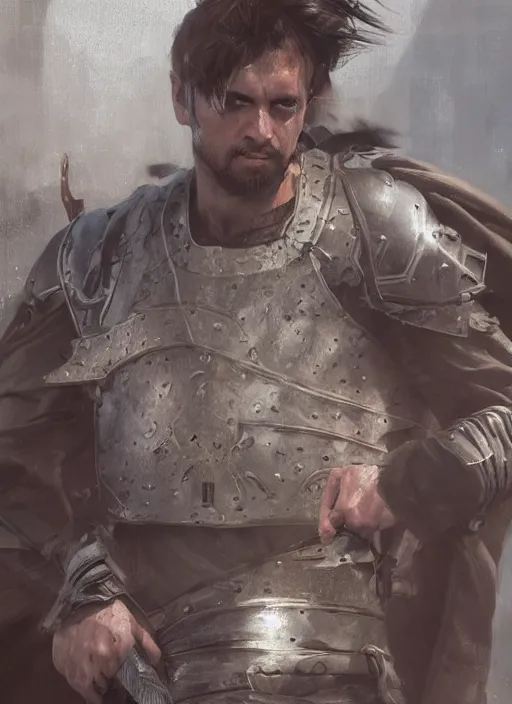 Prompt: medium close up of male medieval warrior walking with weapon on shoulder, brown hair, dirty face, realistic cinematic lighting, photorealistic, reflections, glistening, sweat, greg rutkowski, wlop, ruan jia, artgerm, craig mullins, pixiv, artstation, octane renderer