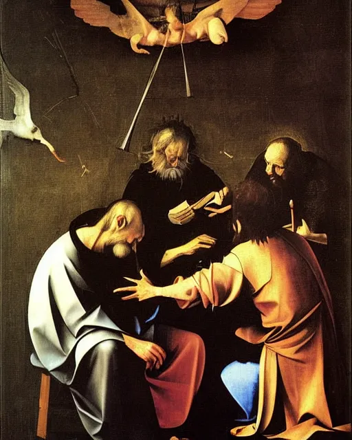 Prompt: The Calling of St. Matthew by Caravaggio painting by Hieronymus Bosch