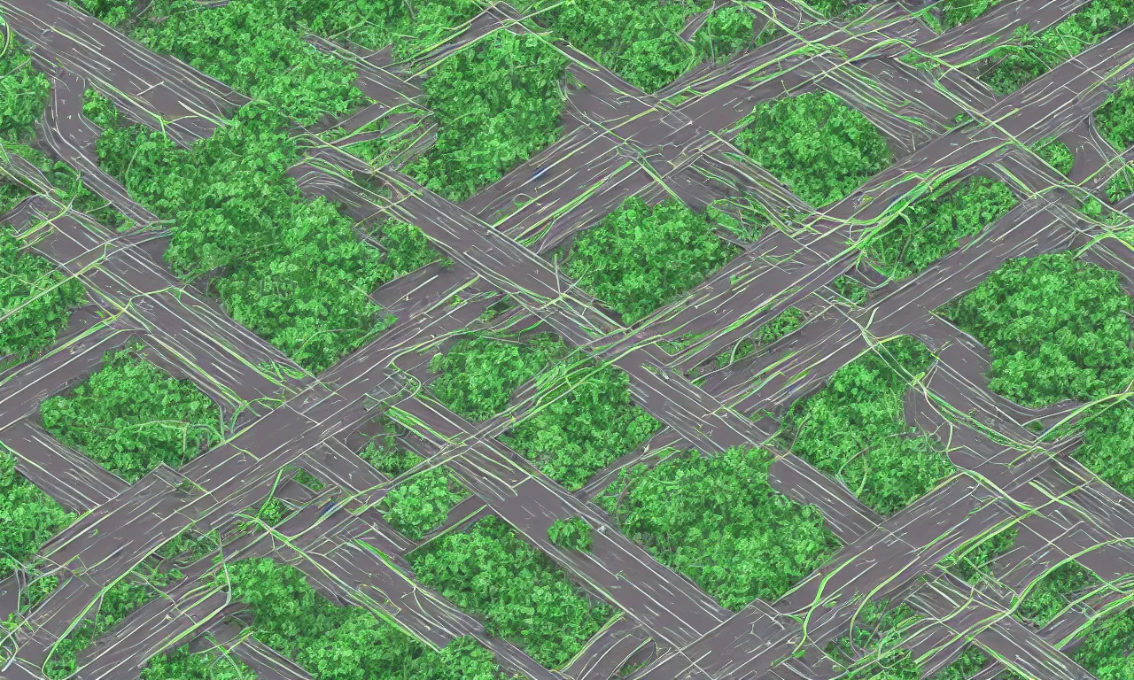 Prompt: cubes on the roads of forested blobs interconnected by high speed rails, digital art, 3 d, illustration
