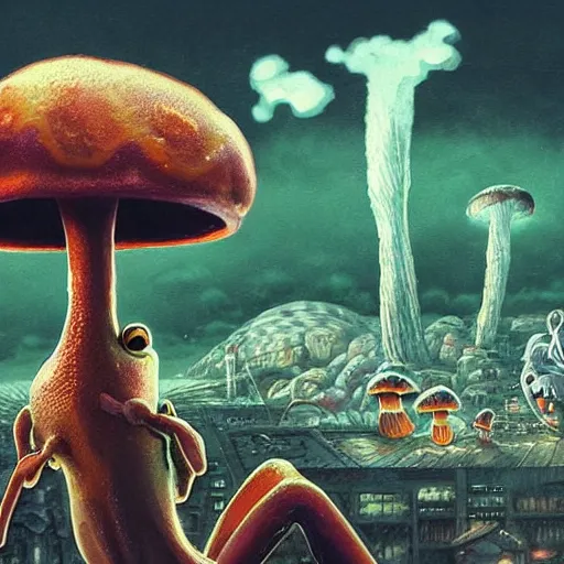 Image similar to A close up portrait of a scary godlike anthropomorphic frog smoking an anime cigarette , magic mushroom village in background . award winning. superb resolution. in the art style of junji Ito and greg rutkowski . Detailed Mushroom city in background. Hyper realistic anime. Perfect art. Dalle2