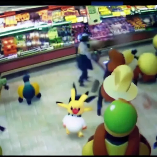 Image similar to cctv footage of a pokemon battle inside a deli, security cam footage