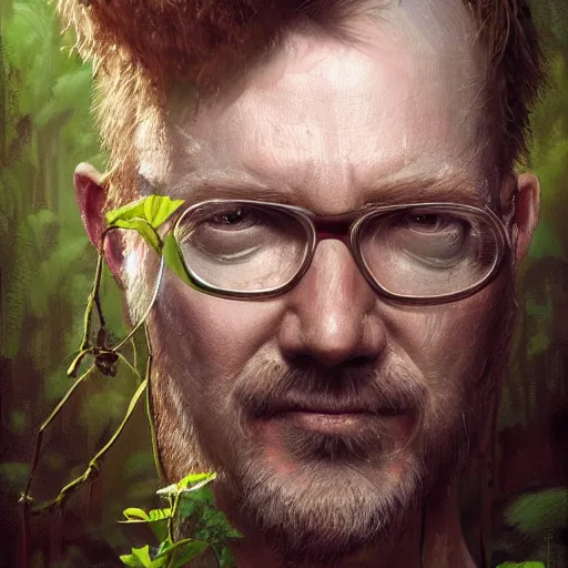 Prompt: adam savage as a plant like creature, closeup portrait by greg rutkowski, realistic face, digital art,
