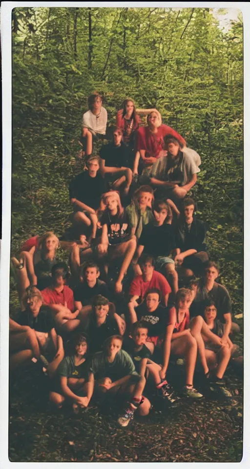 Prompt: polaroid photo of 9 0's highschool teenagers camping in the woods by a river holding red cups, sunset, campfire, realistic, grainy image, iso 1 6 0 0, blurred