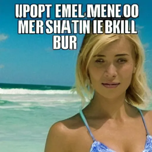 Image similar to meme of a female ghost in bikini, text