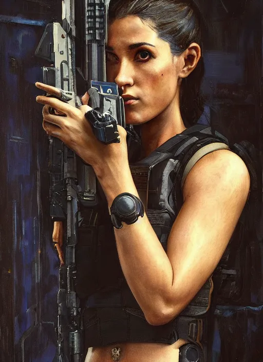 Image similar to Nikki. cyberpunk female USN marine wearing a military vest and powerful military cyberpunk exo-suit (cyberpunk 2077, bladerunner 2049). gorgeous face. Iranian orientalist portrait by john william waterhouse and Edwin Longsden Long and Theodore Ralli and Nasreddine Dinet, oil on canvas. Cinematic, hyper realism, realistic proportions, dramatic lighting, high detail 4k