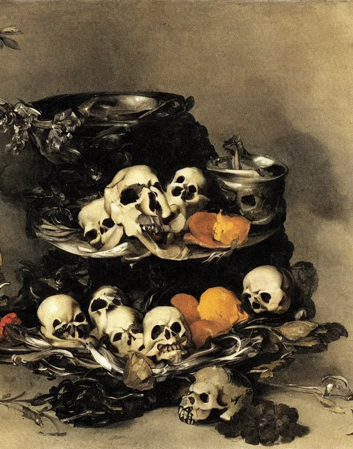 Image similar to still life painting with a single skull on a silver platter, dead flowers, rotten fruit, lit by a single candle by Diego Velázquez and francisco goya