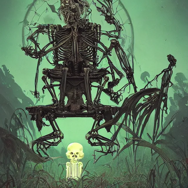 Prompt: a beautiful painting of a ( ( cybernetic ) ) skeleton king, resting on a throne of transparent green energy by simon stalenhag and pascal blanche and alphonse mucha! and nekro!. in style of digital art. colorful comic, film noirs!, symmetry, hyper detailed. octane render. trending on artstation