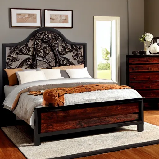 Prompt: award-winning catalog photo modern light wooden headboard in the shape of an ornate fireplace mantel master bedroom