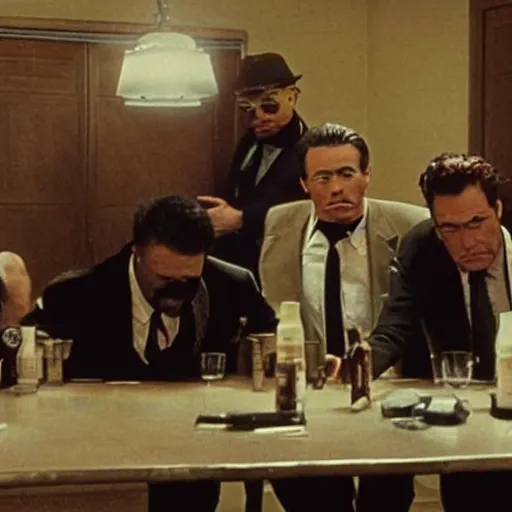 Prompt: six thugs, who are strangers to each other, are hired by a crime boss, joe cabot, to carry out a diamond robbery, cinematic light, movie scene, reservoir dogs, tarantino