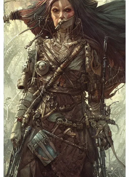 Image similar to hyper realistic photography portrait of postapocalyptic medieval religious occult amazon cinematic, brom, moebius, juan gimenez, peter mohrbacher, james gurney