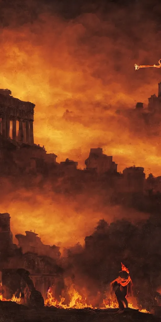 Image similar to black silhouette realistic painting of roman emperor nero as a dwarf playing the flute while roman structures are on fire in background, hyper realistic, 8 k resolution, roman amphitheater and skyline of ancient rome is on fire, red skies, smoke billows over the horizon, cans of spinach are falling from space