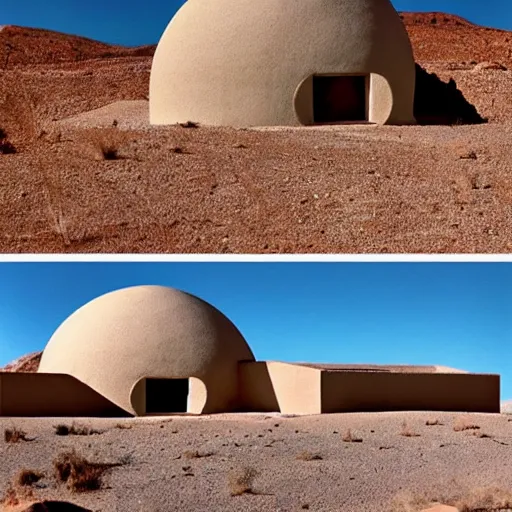 Image similar to a Non-Euclidean orb-like clay house sitting in the desert, vintage photo, beautiful cinematography, blue sky, film grain