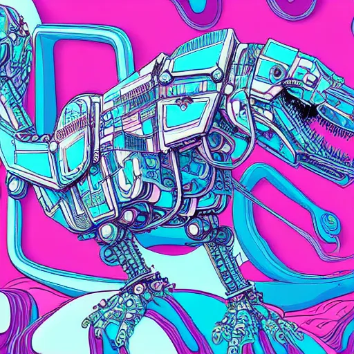 Image similar to beautiful detailed comic illustration, psychedelic fractals and robot mecha dinosaurs, cyberpunk, white, pink, blue, turquoise, orange, pastels