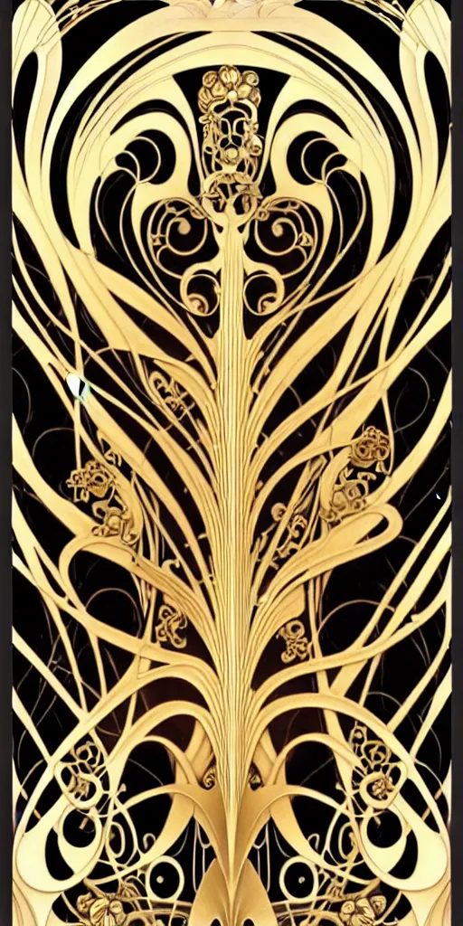 Image similar to the source of future growth dramatic, elaborate emotive Art Nouveau styles to emphasise beauty as a transcendental, seamless pattern, symmetrical, large motifs, hyper realistic, 8k image, 3D, supersharp, Art nouveau curves spirals and swirls, goldplated surfaces, Flying silk fabric, iridescent and black and gold colors , perfect symmetry, iridescent, High Definition, sci-fi, Octane render in Maya and Houdini, light, shadows, reflections, photorealistic, masterpiece, smooth gradients, no blur, sharp focus, photorealistic, insanely detailed and intricate, cinematic lighting, Octane render, epic scene, 8K