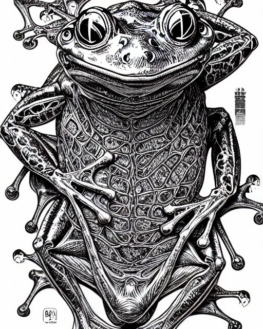 Image similar to hyper detailed illustration of a frog, intricate linework, lighting poster by moebius, ayami kojima, 9 0's anime, retro fantasy