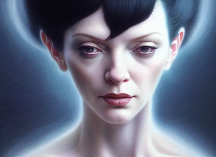 Image similar to portrait shot of christina hendricks in ghost in the shell, intricate, elegant, highly detailed, centered, digital painting, artstation, concept art, smooth, sharp focus, illustration, artgerm, tomasz alen kopera, peter mohrbacher, donato giancola, joseph christian leyendecker, wlop, boris vallejo