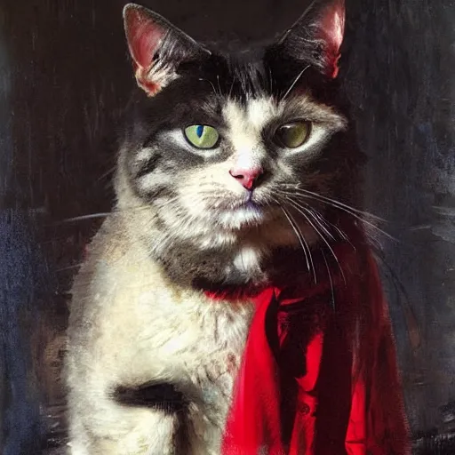 Prompt: portrait of an evil cat wearing a red cape, by jeremy mann, anders zorn.