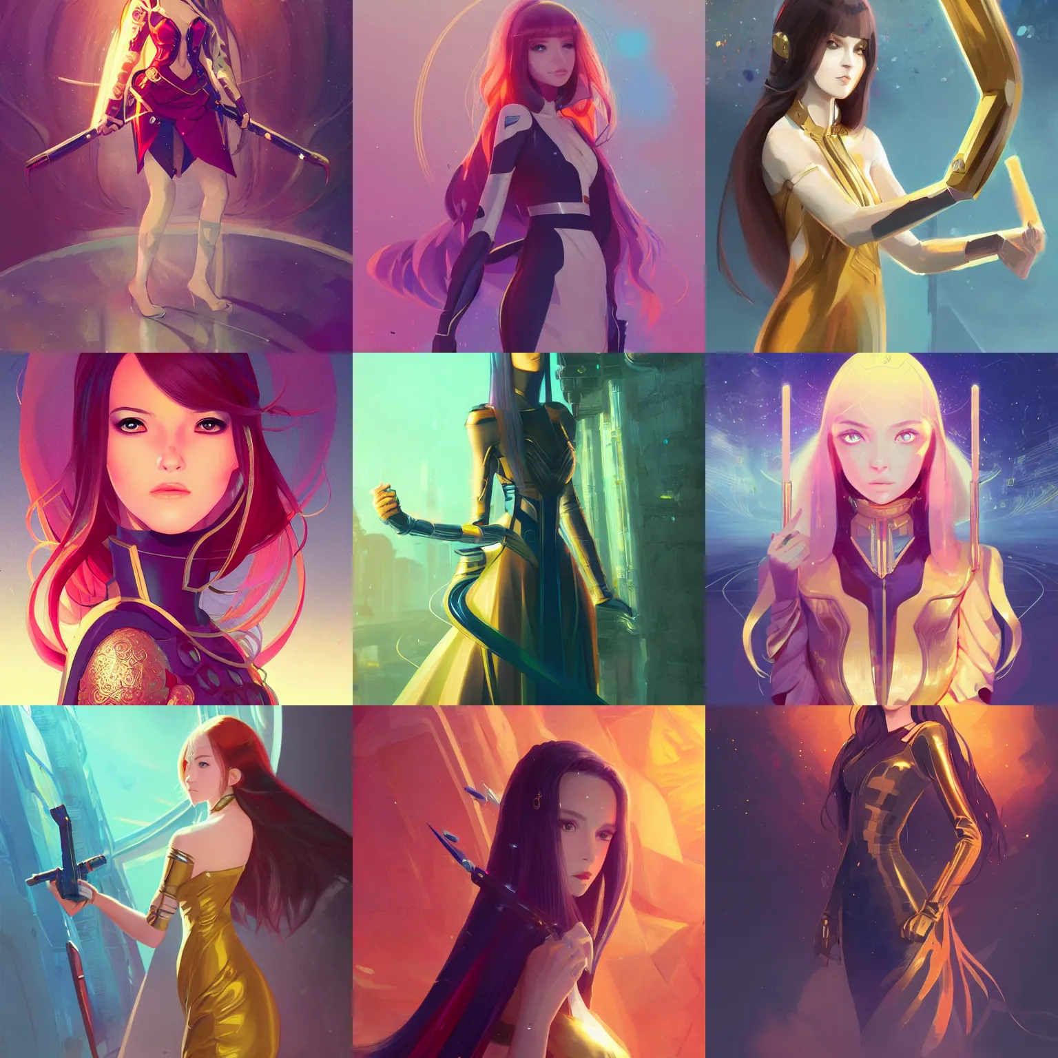 Image similar to portrait girl in futuristic luxurious golden dress holding a ceremonial sword, long curvy hair, colourful palette, pretty face, cute face, symmetrical face, intimidating expression, red eyes, anime by greg rutkowski rossdraws makoto shinkai, adobe illustrator, trending on pixiv, behance