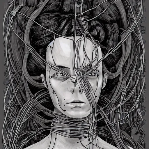 Prompt: scifi sketch of a girl cyborg head, half human, head covered in loose wires and machine parts, pen, by Terada Katsuya