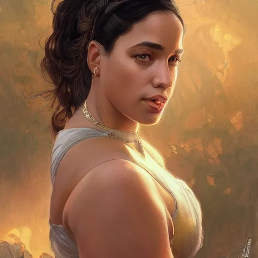 Image similar to portrait of a beautiful thick female, alexandria ocasio-cortez face, D&D, fantasy, intricate, elegant, highly detailed, digital painting, artstation, concept art, smooth, sharp focus, illustration, art by artgerm and greg rutkowski and alphonse mucha