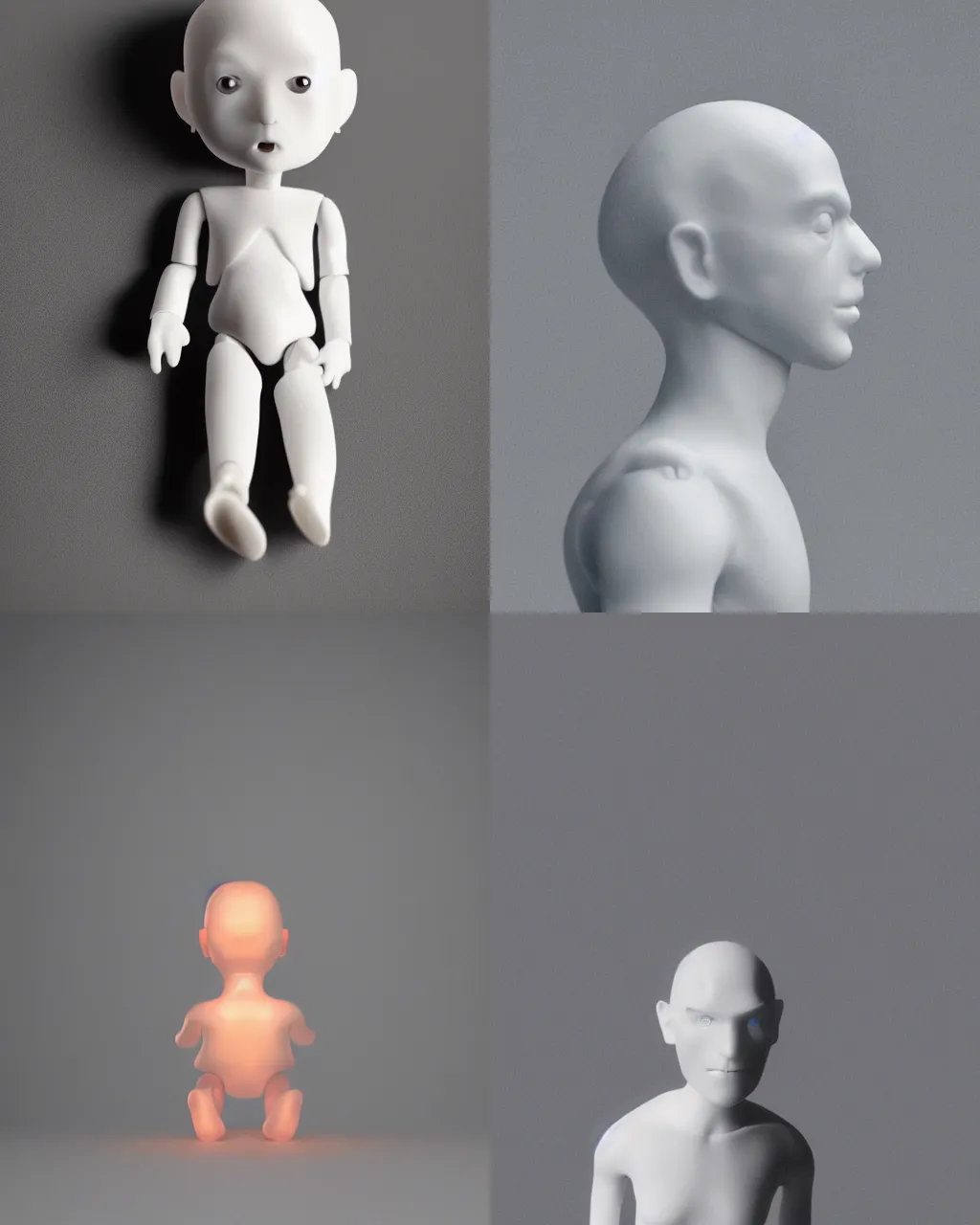 Prompt: a photo of a genderless white toy figurine made from resin, ceramic, headless, pillhead, pale head, bald, smooth skin, even surface, minimalistic, octane rendering, ambient lighting, orange subsurface scattering