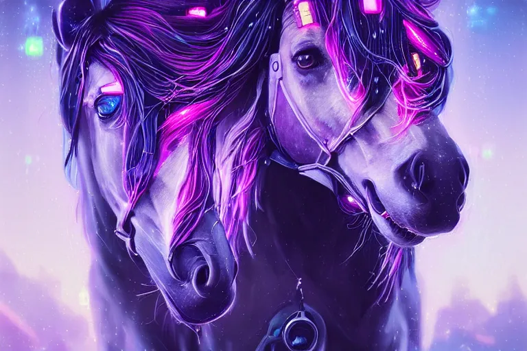 Image similar to a beautiful portrait of a cute cyberpunk horse with bioluminescent mane by sandra chevrier and greg rutkowski and wlop, purple blue color scheme, vaporware, retro, outrun, high key lighting, volumetric light, digital art, highly detailed, fine detail, intricate, ornate, complex, octane render, unreal engine, photorealistic