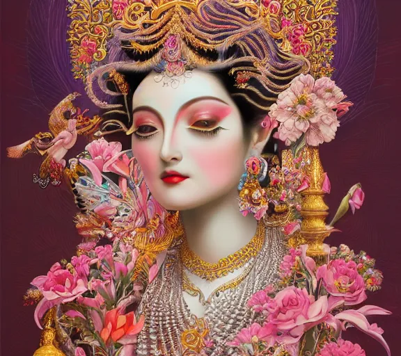 Image similar to breathtaking detailed concept art painting art deco pattern a beautiful devi goddess with shinny skin on sitted on an intricate metal throne, hands pressed together in bow, light - flowers with kind piercing eyes and blend of flowers and petals, by hsiao - ron cheng and john james audubon, bizarre compositions, exquisite detail, extremely moody lighting, 8 k h 1 0 2 4