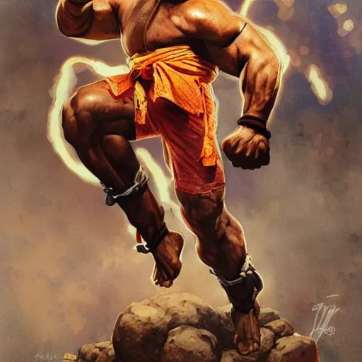 Image similar to tiny lister as dhalsim street fighter, jump kick, 4 k, ultra realistic, detailed focused art by artgerm and greg rutkowski and alphonse mucha