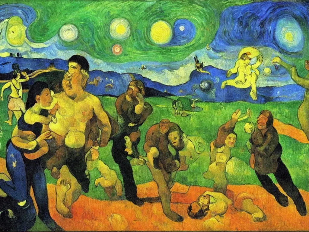 Prompt: bright beautiful oil painting of flying saucer abducting paul gauguin from arles france with a glowing green light, light scatter, van gogh