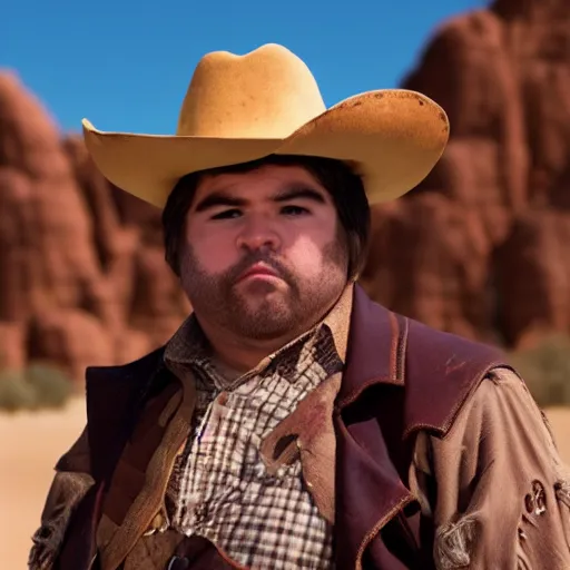 Image similar to close-up cinematic shot of Dan Schneider dressed as a cowboy in the desert, 8k, highly detailed, highly intricate, hd lighting,